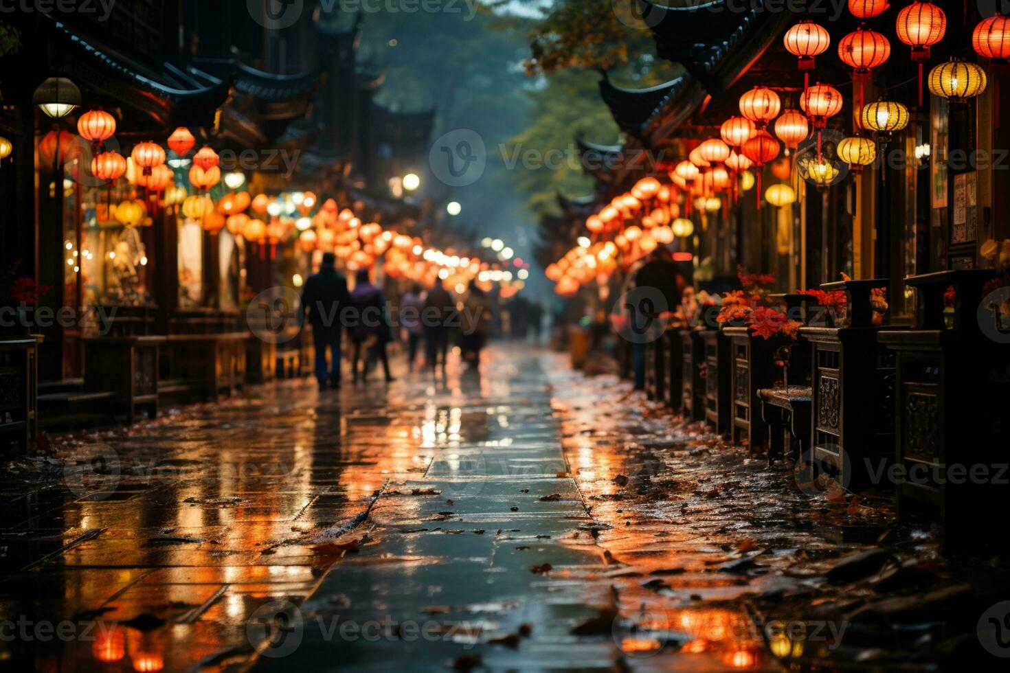 colorful paper lanterns hanging from a wooden structure photo