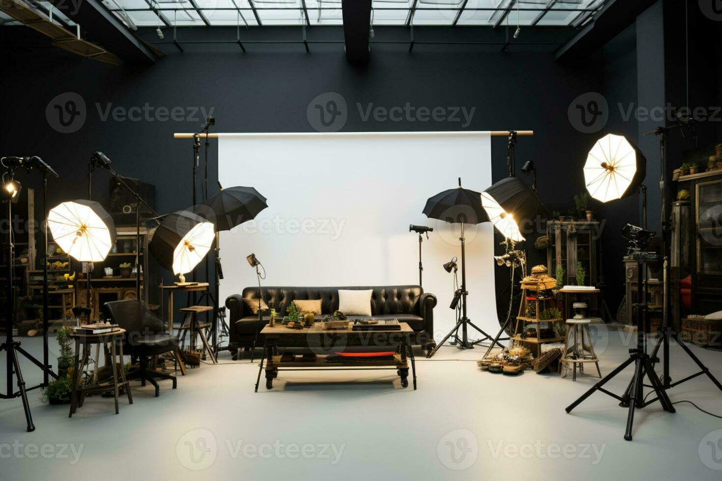 a photo studio with lighting equipment and a couch