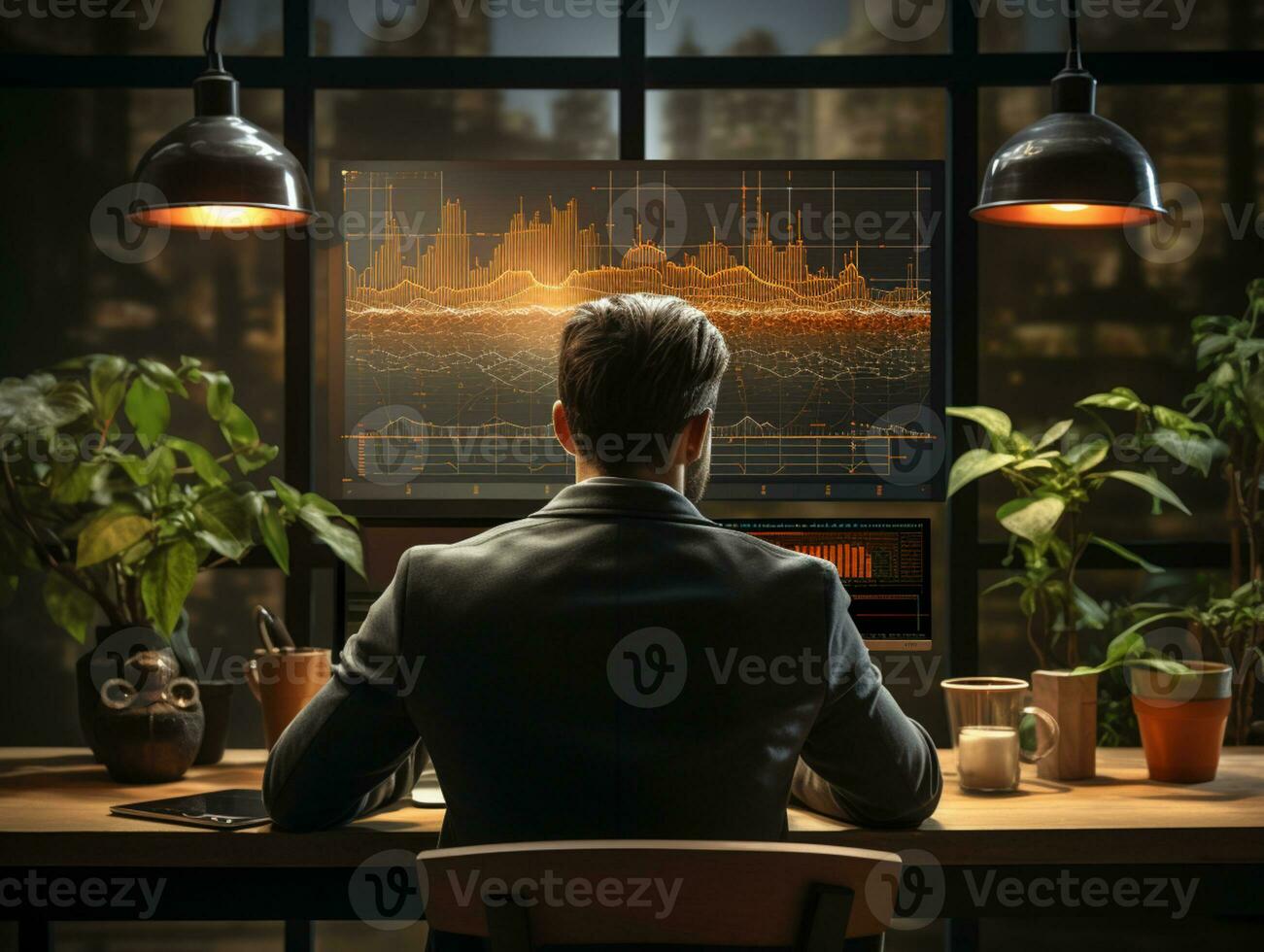 An Analyst working on his workstation with graph and figures on his monitor photo