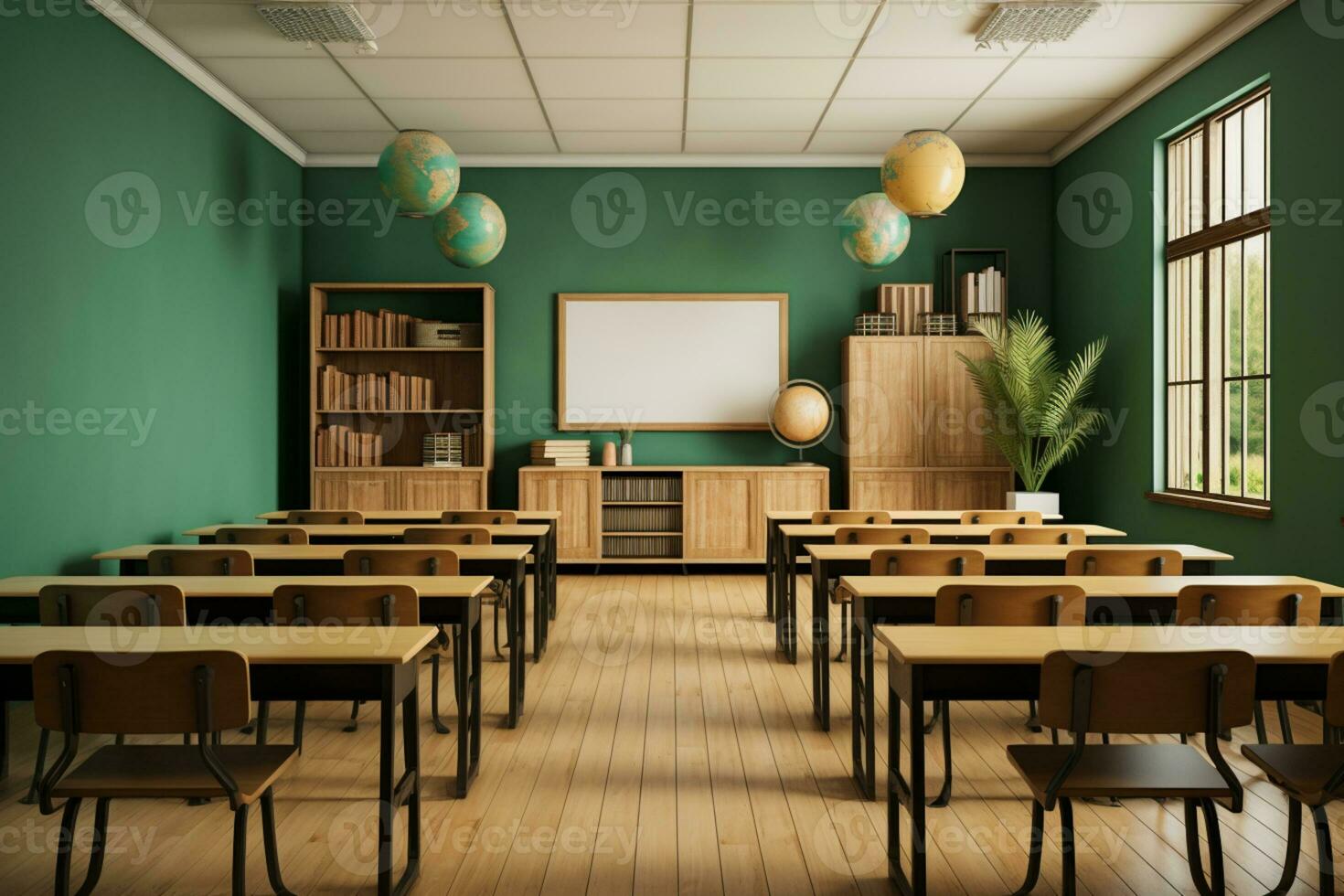 Photo classroom interior with school desks chairs and green board empty school classroom