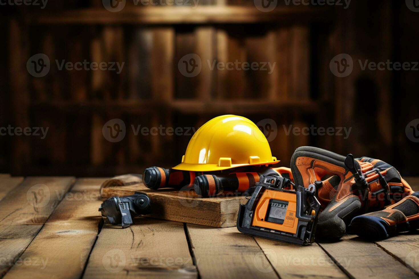 various tools and construction equipment on a wooden background photo