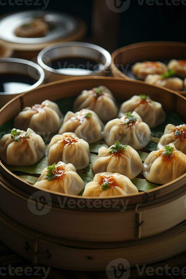 a bamboo plate of dumplings with sauce and garnish photo