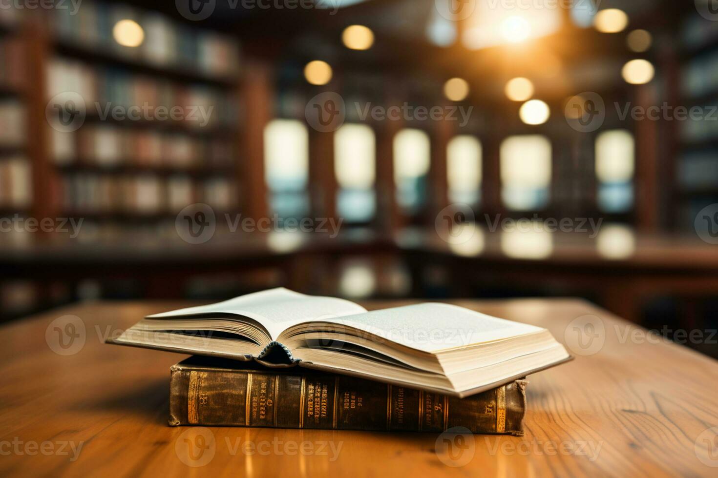 Open book on a wooden table with blurred library background eyelevel view photo