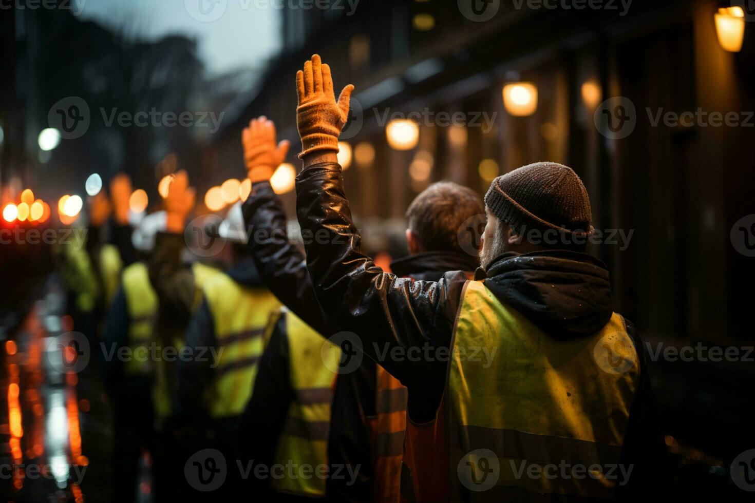 Constructions workers walking on the street celebrating photo