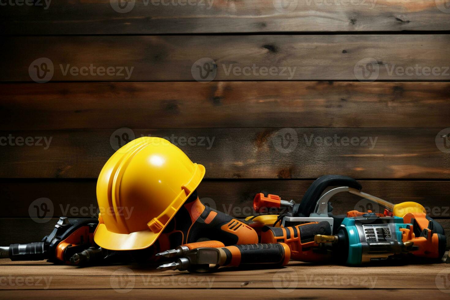 various tools and construction equipment on a wooden background photo