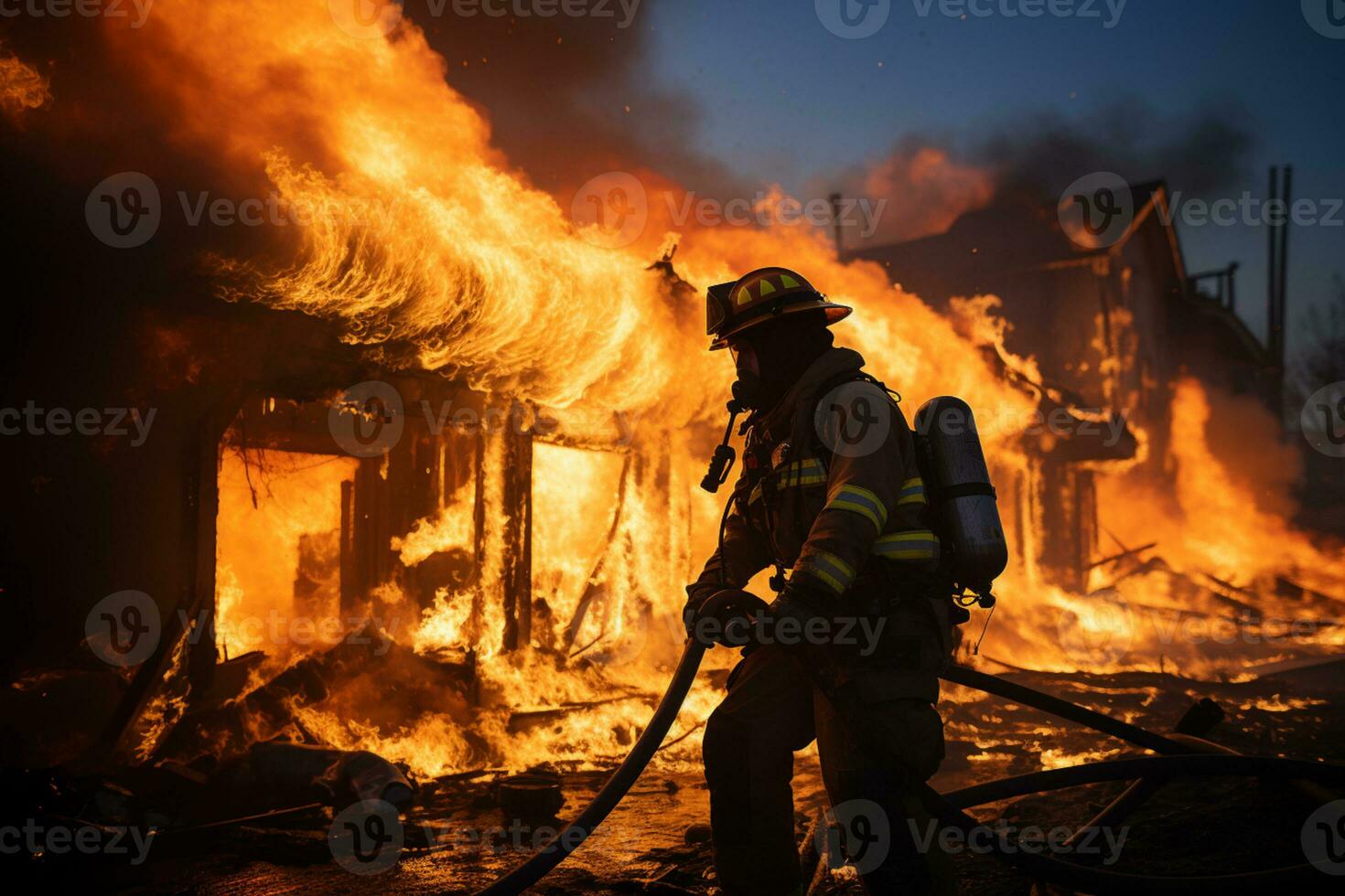 bombero molesto a detener fuego desde ardiente edificios foto