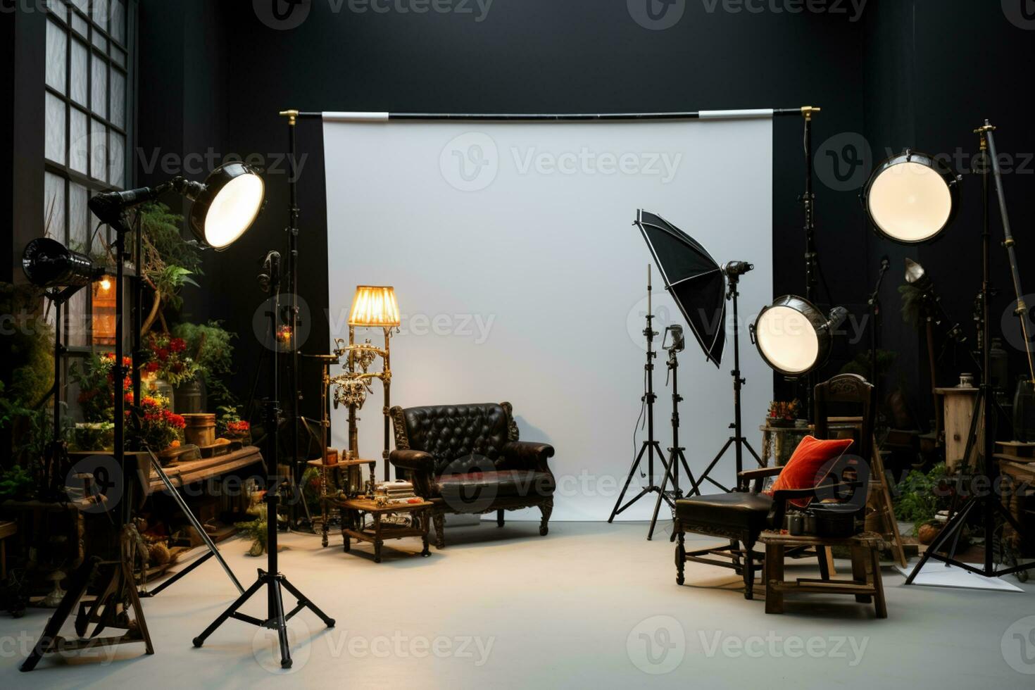 a photo studio with lighting equipment and a couch