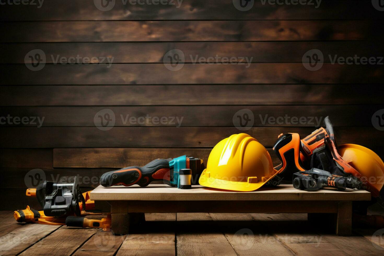 various tools and construction equipment on a wooden background photo