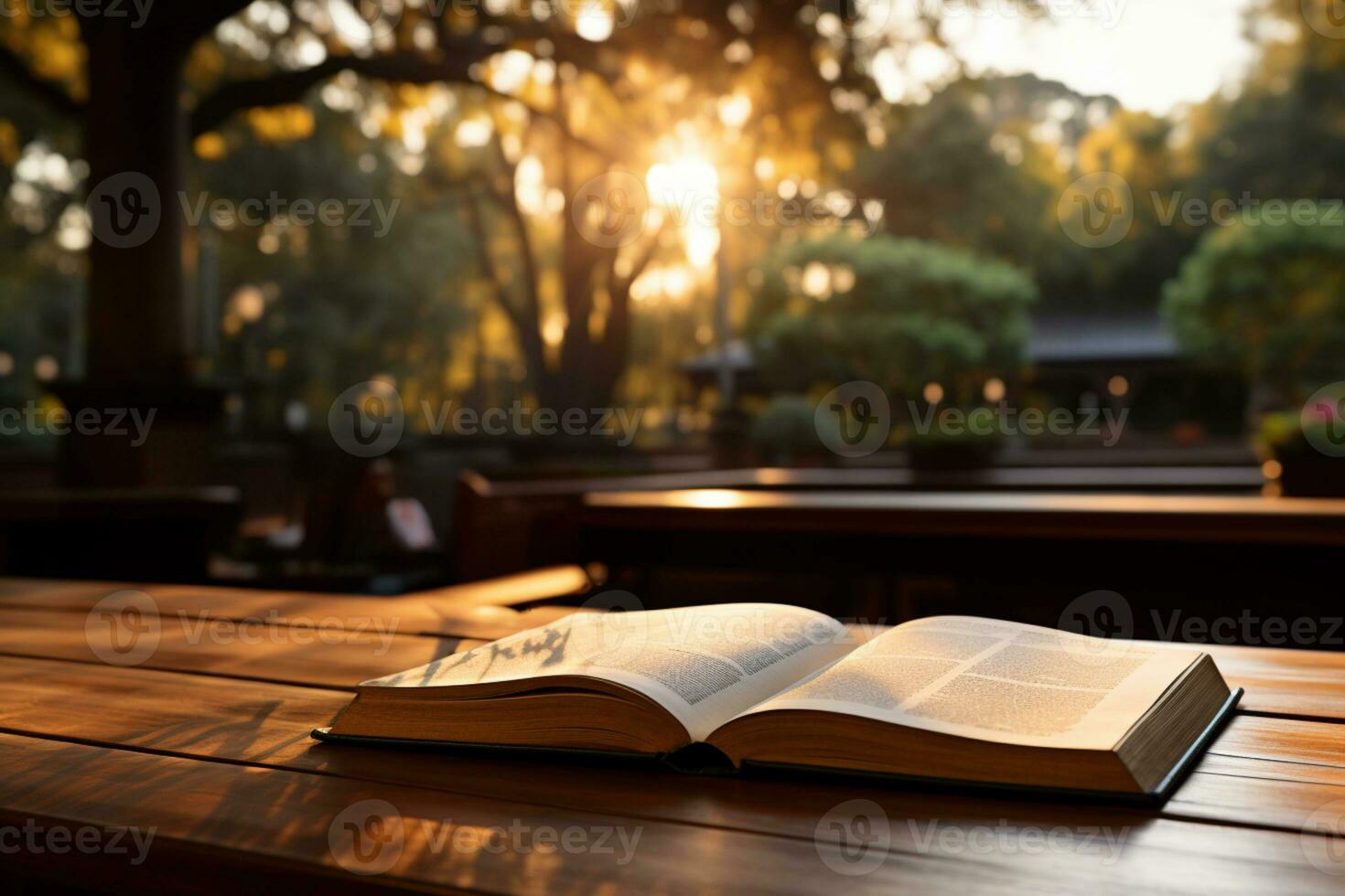 Open book on a wooden table with blurred library background eyelevel view photo