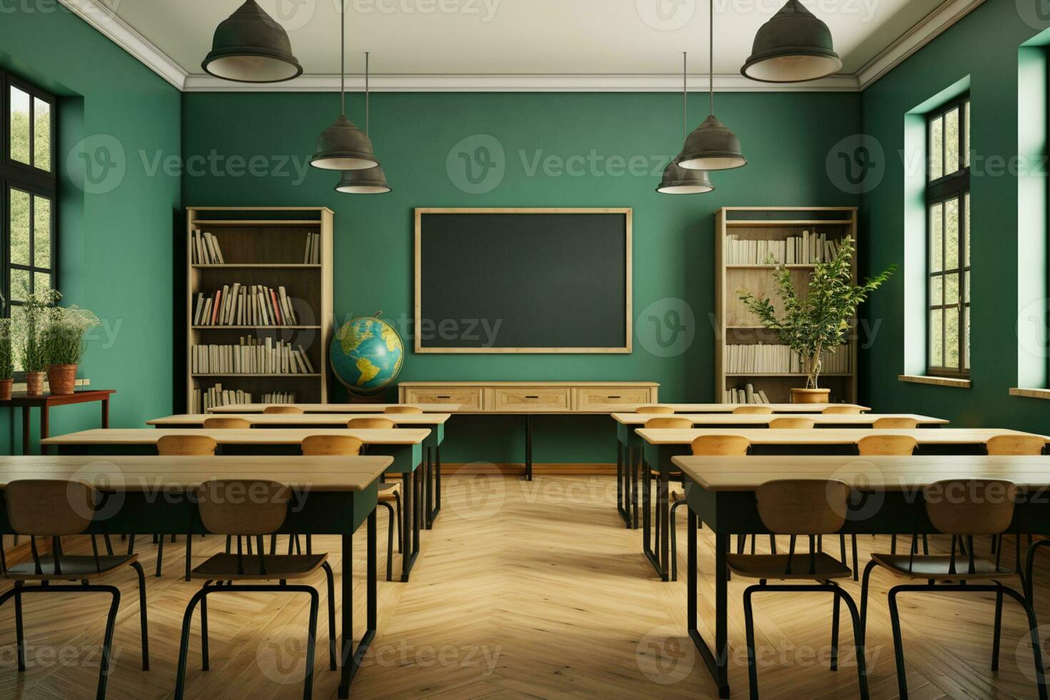 foto salón de clases interior con colegio escritorios sillas y verde tablero vacío colegio salón de clases