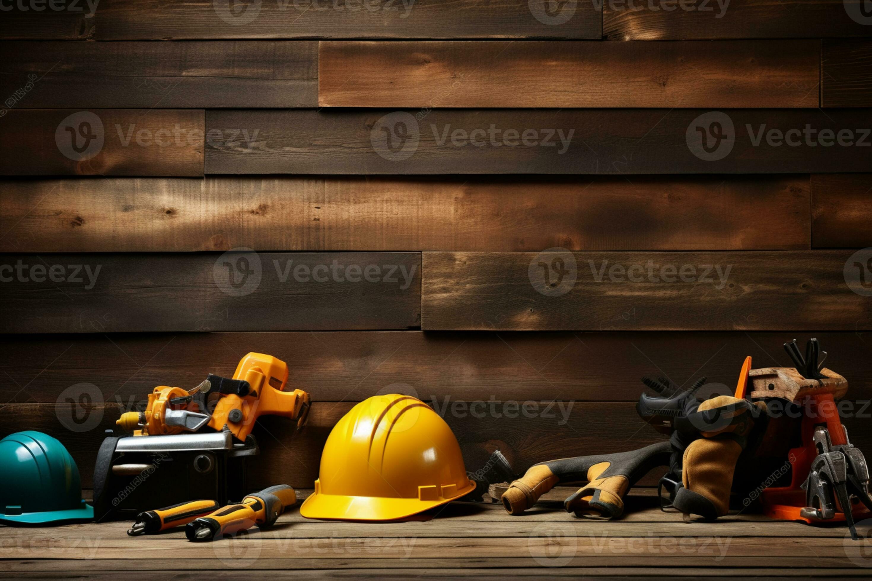 various tools and construction equipment on a wooden background