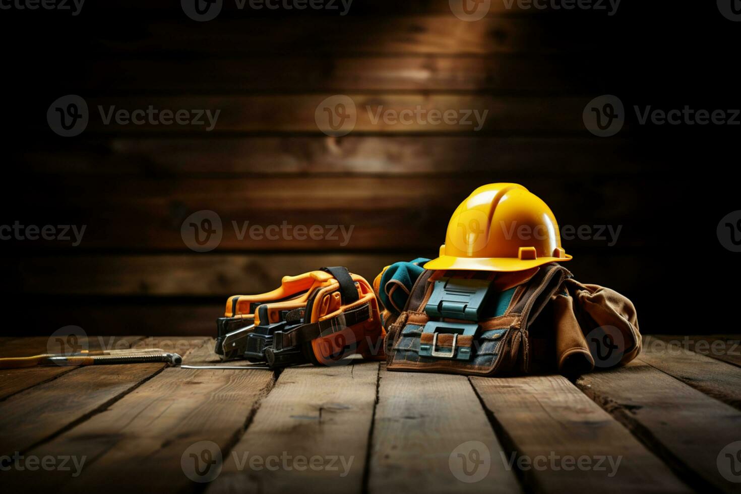 various tools and construction equipment on a wooden background photo