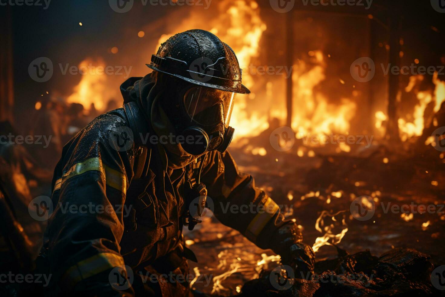 Firefighter trying to stop fire from burning buildings photo