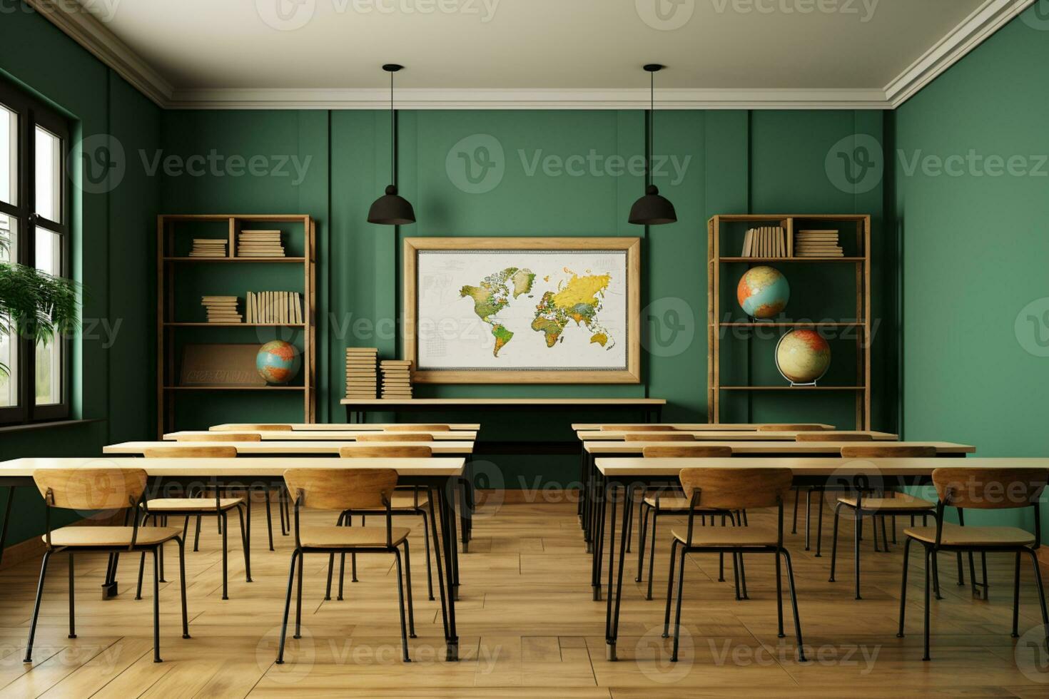 foto salón de clases interior con colegio escritorios sillas y verde tablero vacío colegio salón de clases