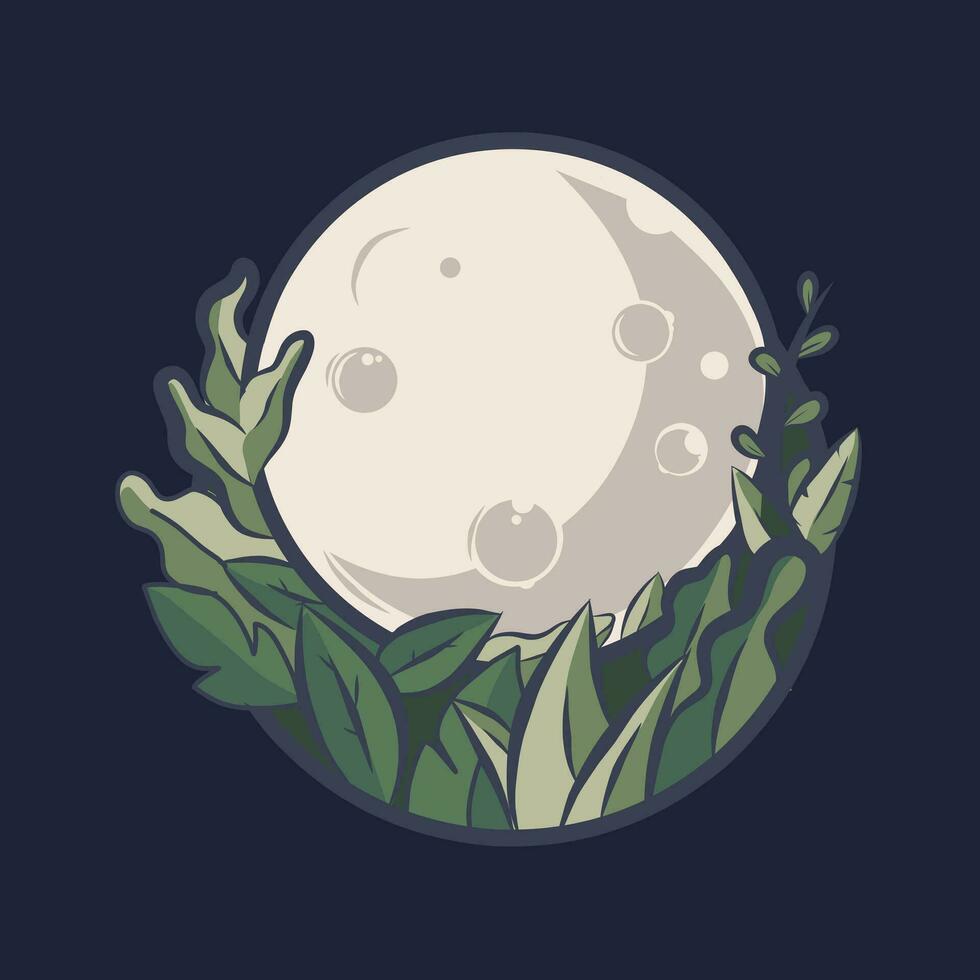 Vector Illustration of full moon with green plant ornaments
