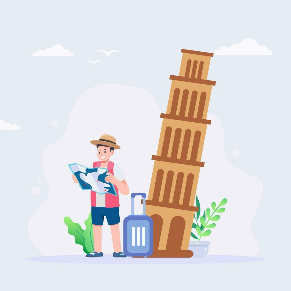 Planning of travel. Hipster man with a suitcase goes to the airport. Vector illustration.