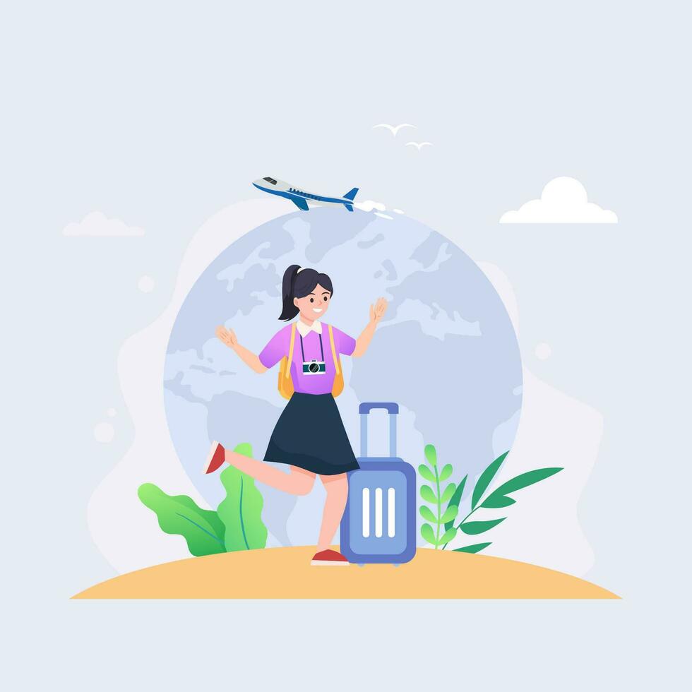 Planning of travel. Woman with a suitcase goes to the airport. Vector illustration.