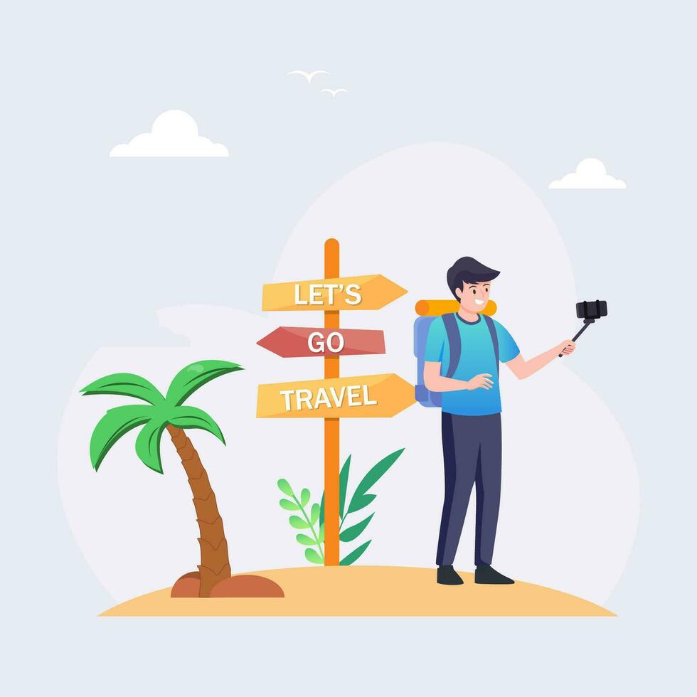 Planning of travel. Hipster man with a suitcase goes to the airport. Vector illustration.