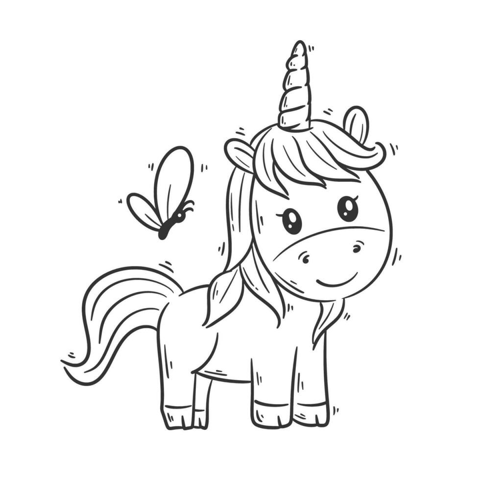 Cute unicorn standing with butterfly cartoon vector for coloring