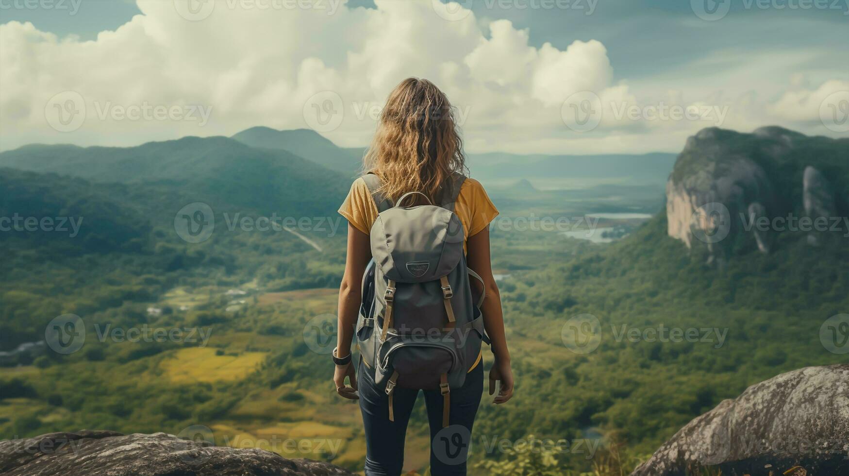 Young woman hiker with backpack standing on top of the mountain and looking at the valley photo