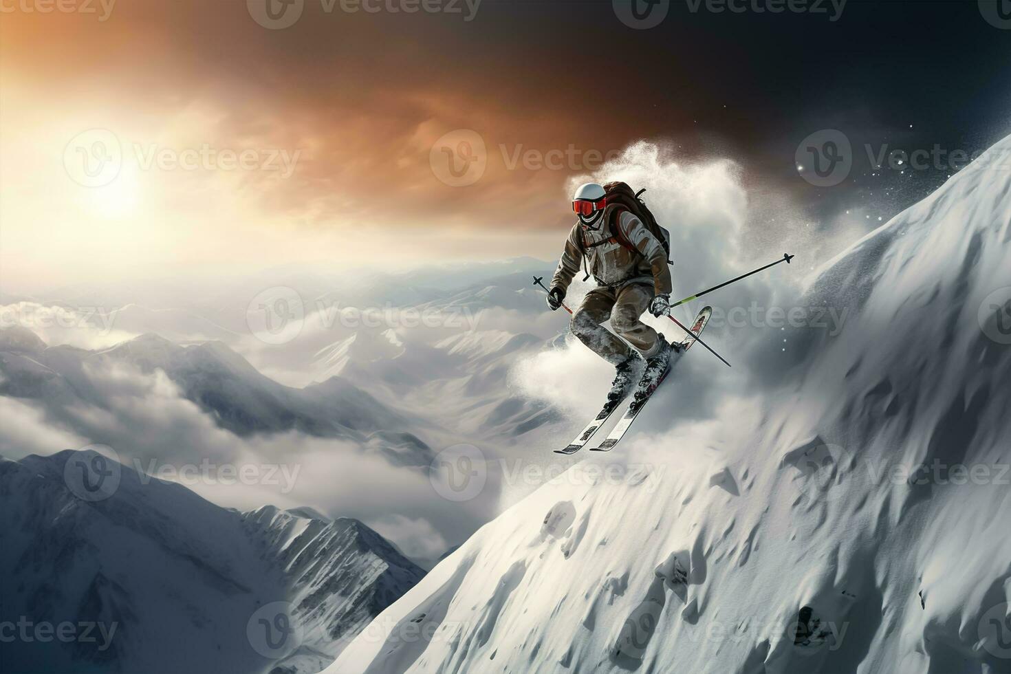 Skier skiing downhill in high mountains at sunset photo