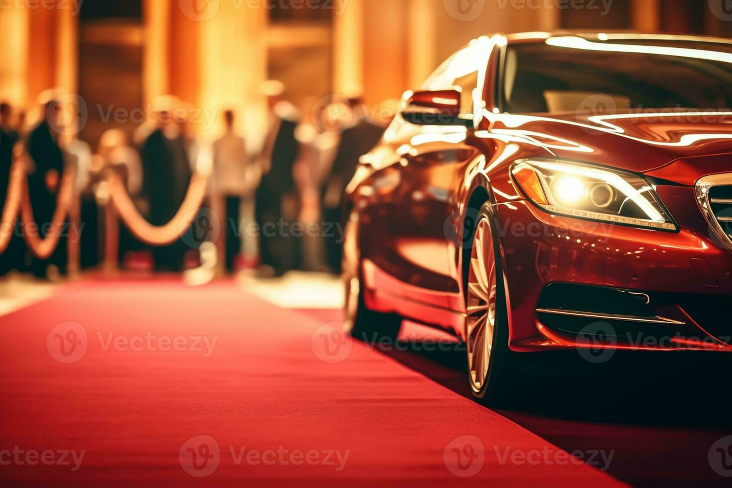 Side view of luxury sport car on red carpet in showroom. photo
