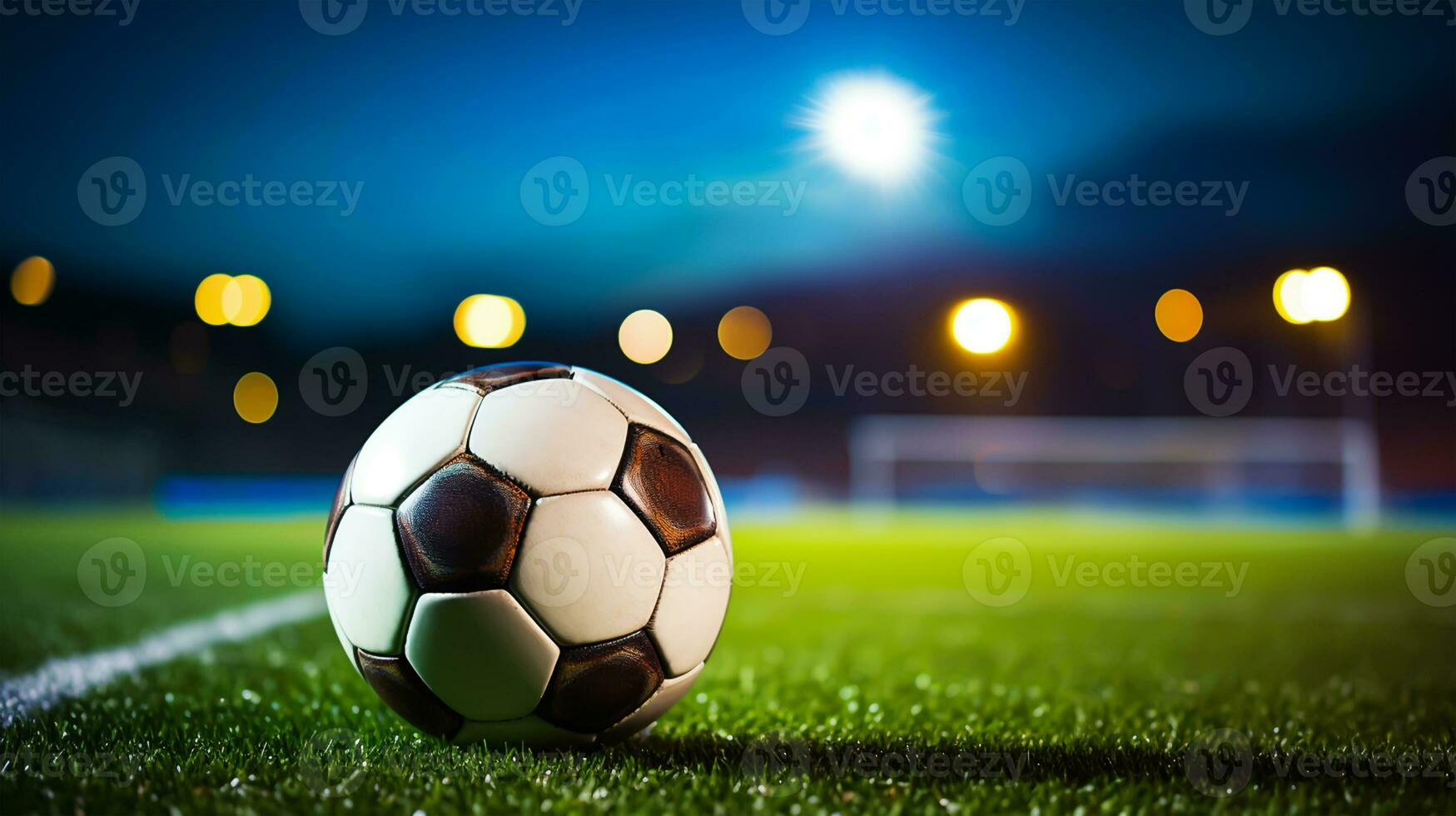 Soccer ball on green grass of football stadium at night with lights photo