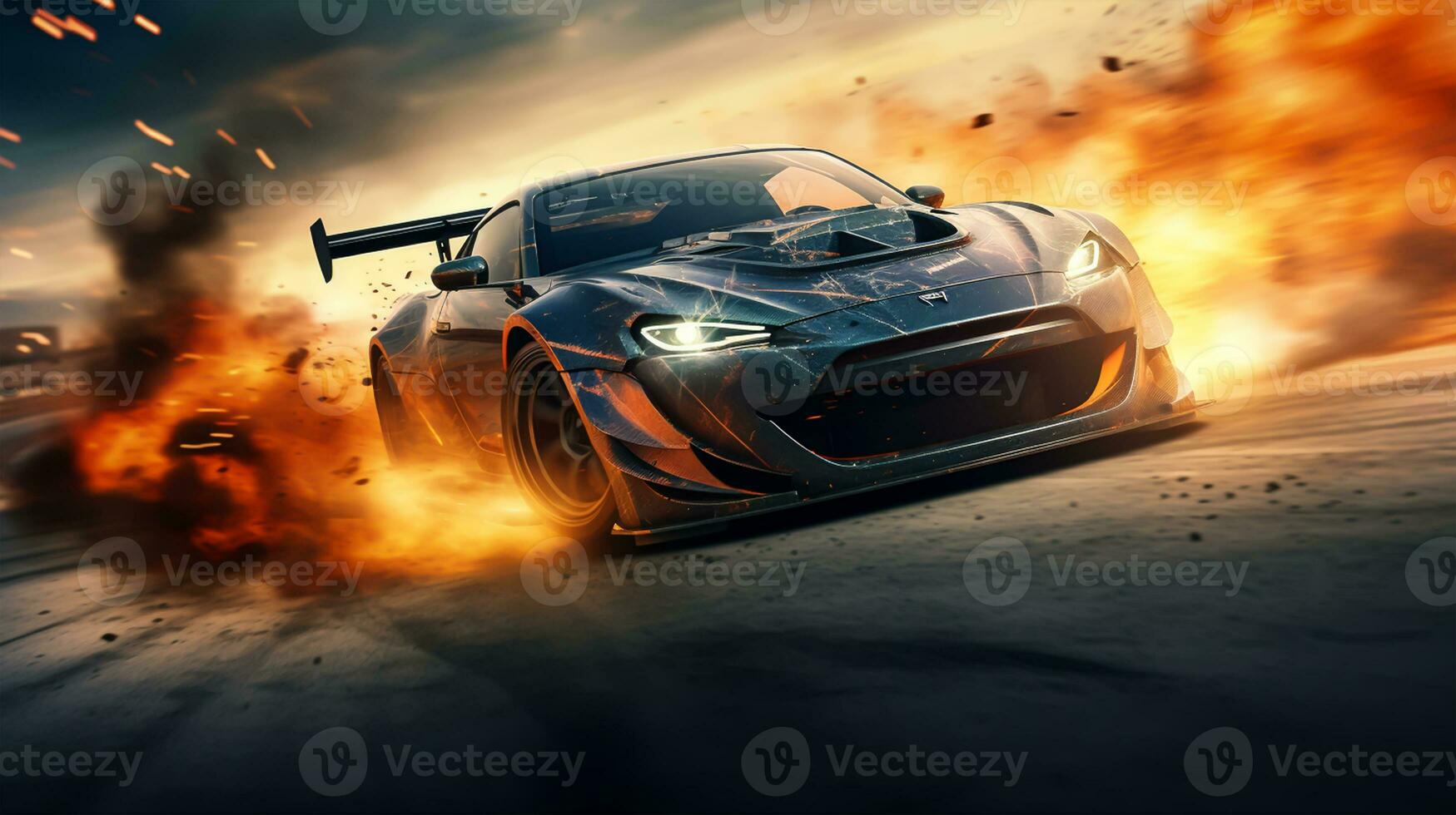 Burning sports car on the road photo