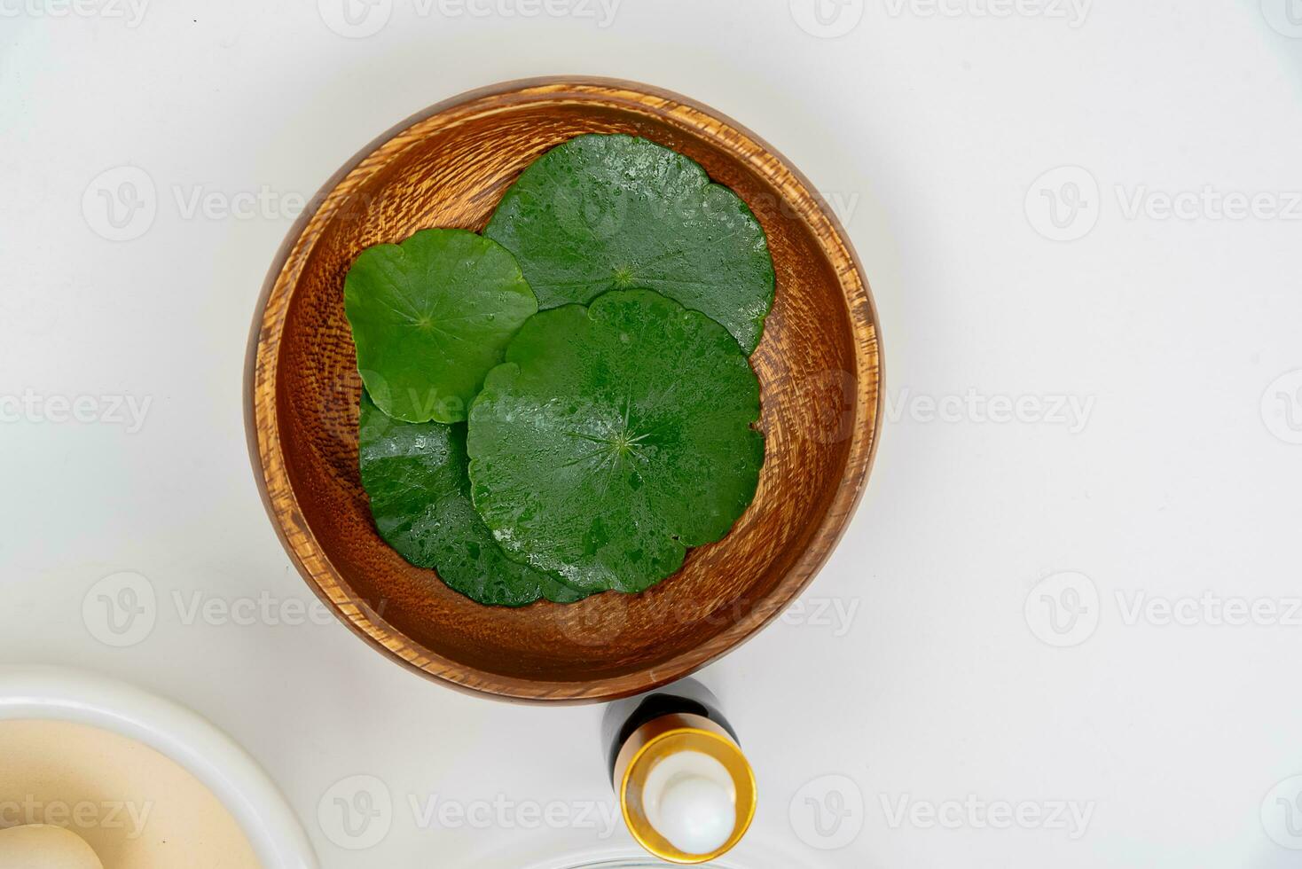 Top view glass beaker containing water and Centella asiatica decorated with erlenmeyer flask and round podium photo