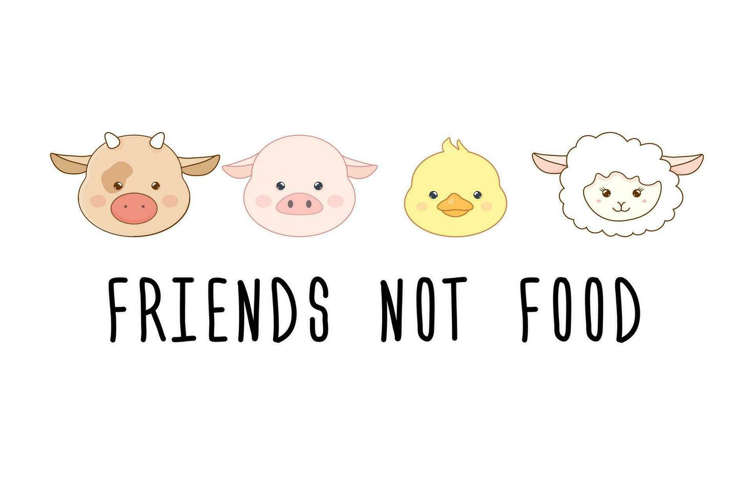 cute kawaii animals vegetarianism slogan friends not food vector
