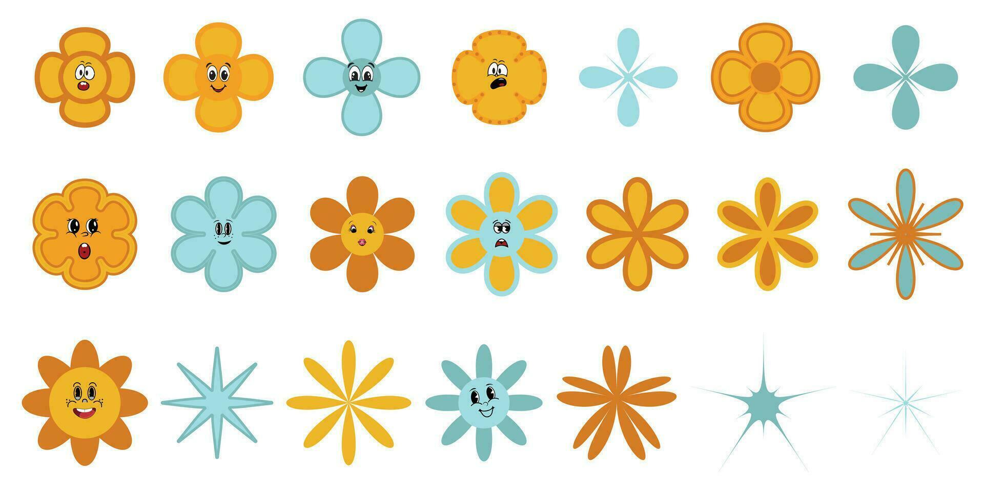 Groovy flower cartoon characters. Funny happy daisy with eyes and smile. Sticker pack in trendy retro trippy style. Isolated vector illustration. Hippie 60s, 70s style.