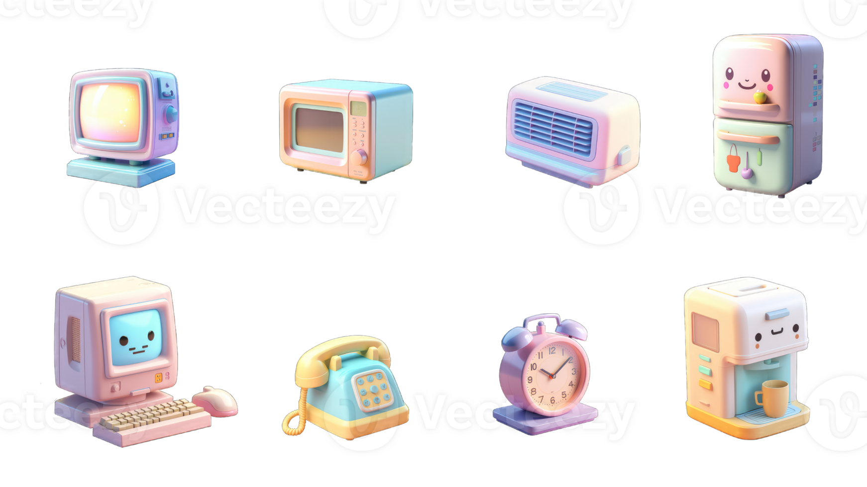 Funny Home apliances. computer, TV, telephone, clock, dispenser, refrigerator, AC, oven. 3d vector icon set, Generative AI png