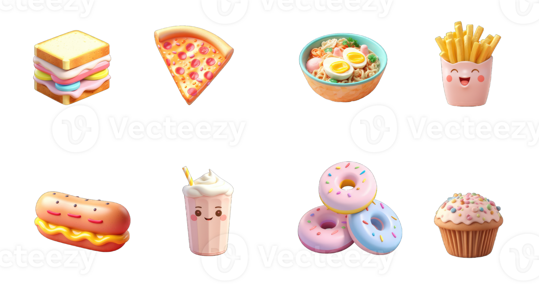 Funny fast food. donuts, pizza, fried french, hot dog, ice cream, cake, noodles. 3d vector icon set, Generative AI png