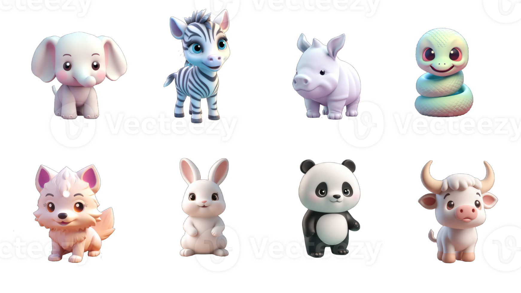 Funny little animals. elephant, zebra, rhino, snake, wolf, rabbit, panda, buffalo. 3d vector icon set, Generative AI png