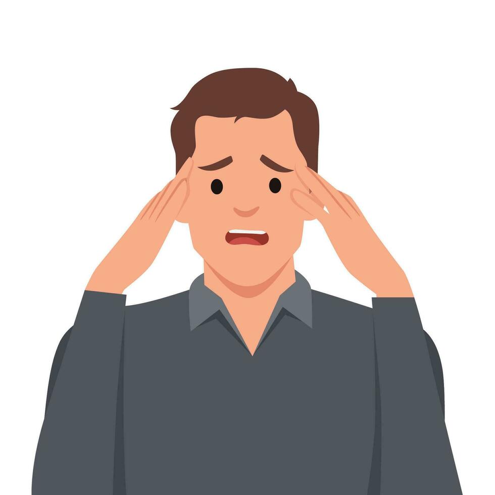 Frustrated man holding hand on head. Unhappy person squeezing forehead. Headache or migraine. vector