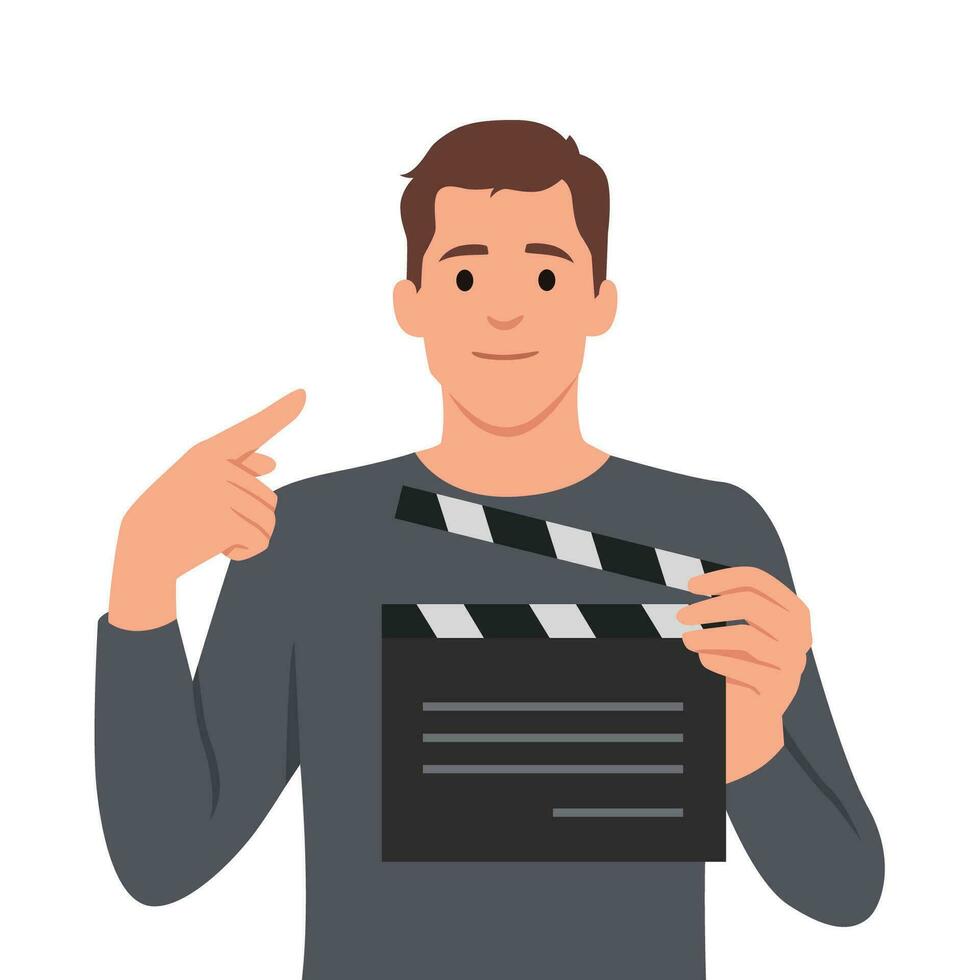 Movie production, young male character holding a clapper board, video industry. vector