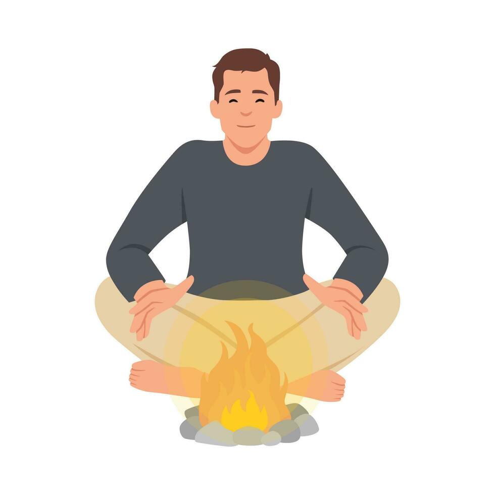 Person put on fire his hands for having heat from fire to warm up his body and warm surroundings. Man and sitting by bonfire putting logs and getting warmth. Camping and traveling. vector