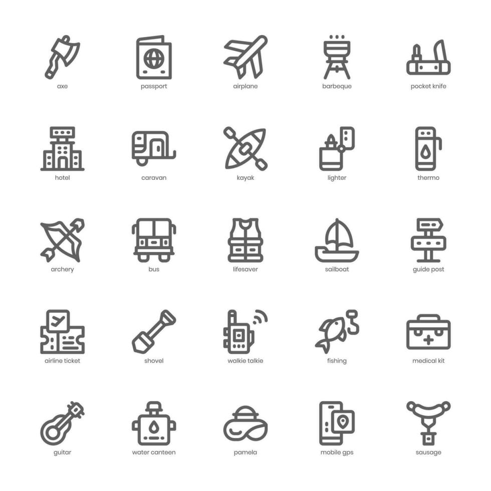 Camping and Tourism icon pack for your website, mobile, presentation, and logo design. Camping and Tourism icon outline design. Vector graphics illustration and editable stroke.