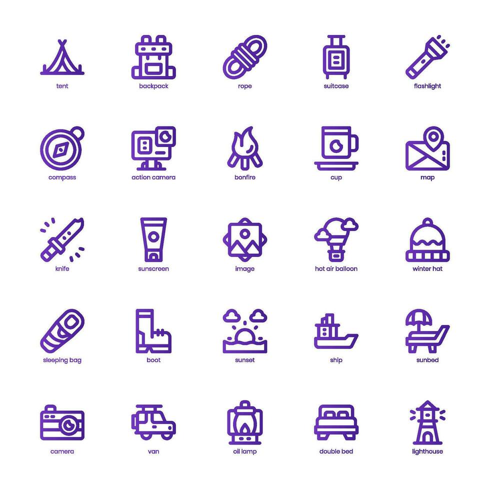 Camping and Tourism icon pack for your website, mobile, presentation, and logo design. Camping and Tourism icon basic line gradient design. Vector graphics illustration and editable stroke.
