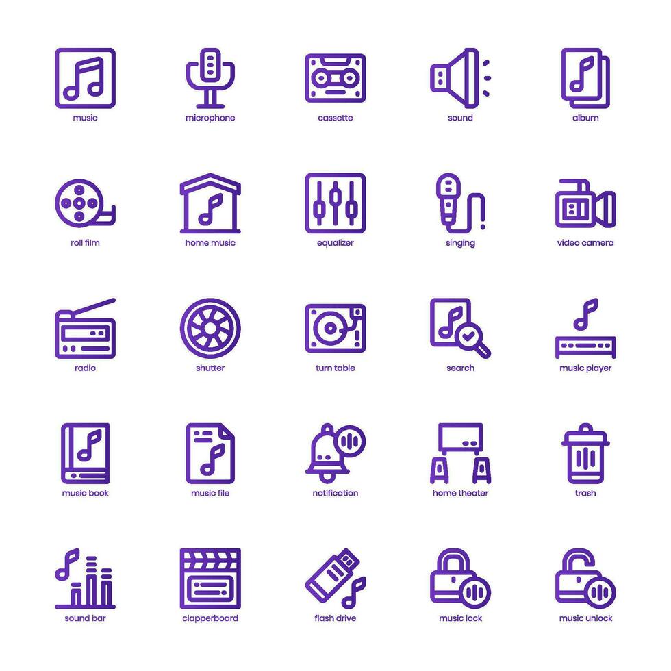 Music and Multimedia icon pack for your website, mobile, presentation, and logo design. Music and Multimedia icon basic line gradient design. Vector graphics illustration and editable stroke.