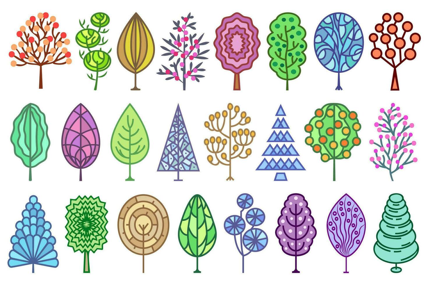 Vector set of colorful trees. Abstract decorative trees, colorful illustration collection. Nature decorative design elements.