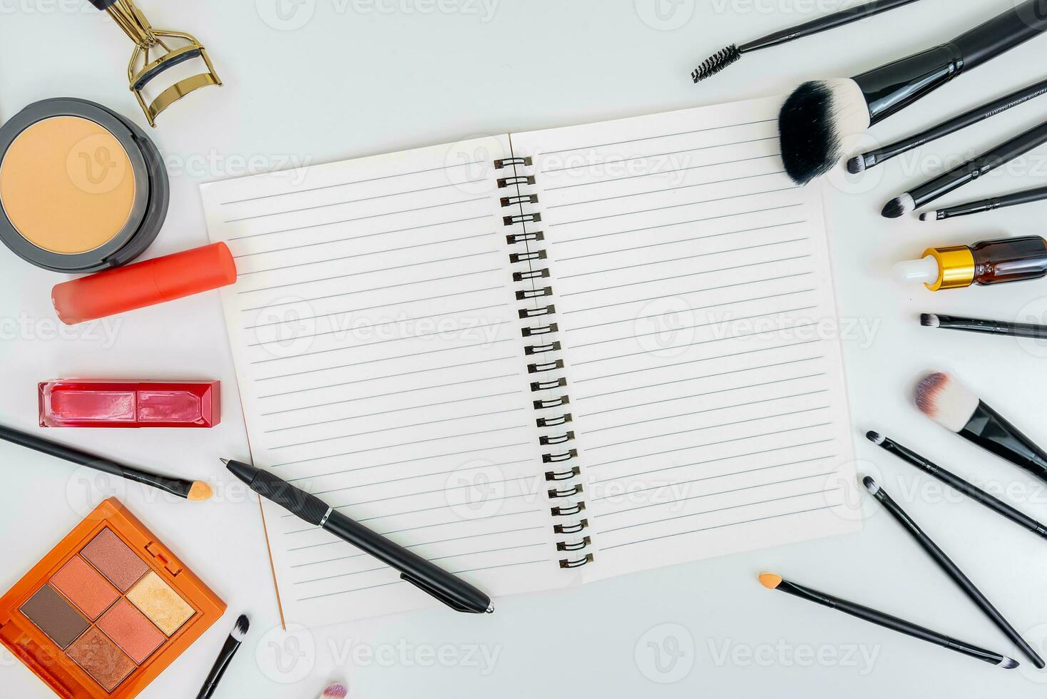 top view of makeup cosmetics set professional makeup tools. on a White background photo
