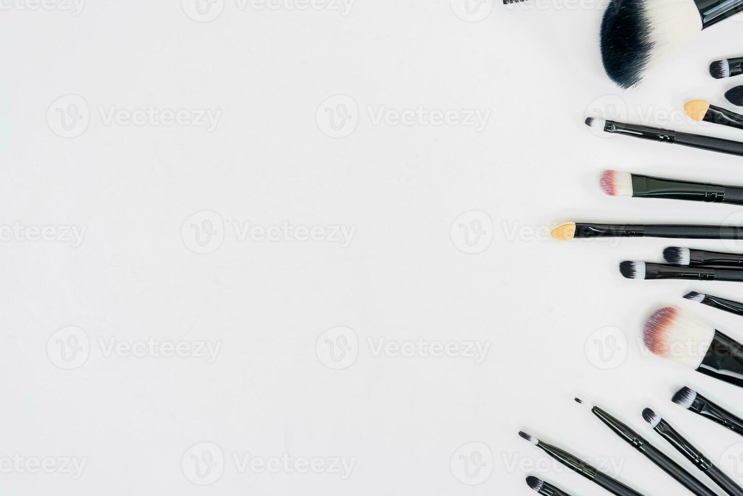 top view of makeup cosmetics set professional makeup tools. on a White background photo
