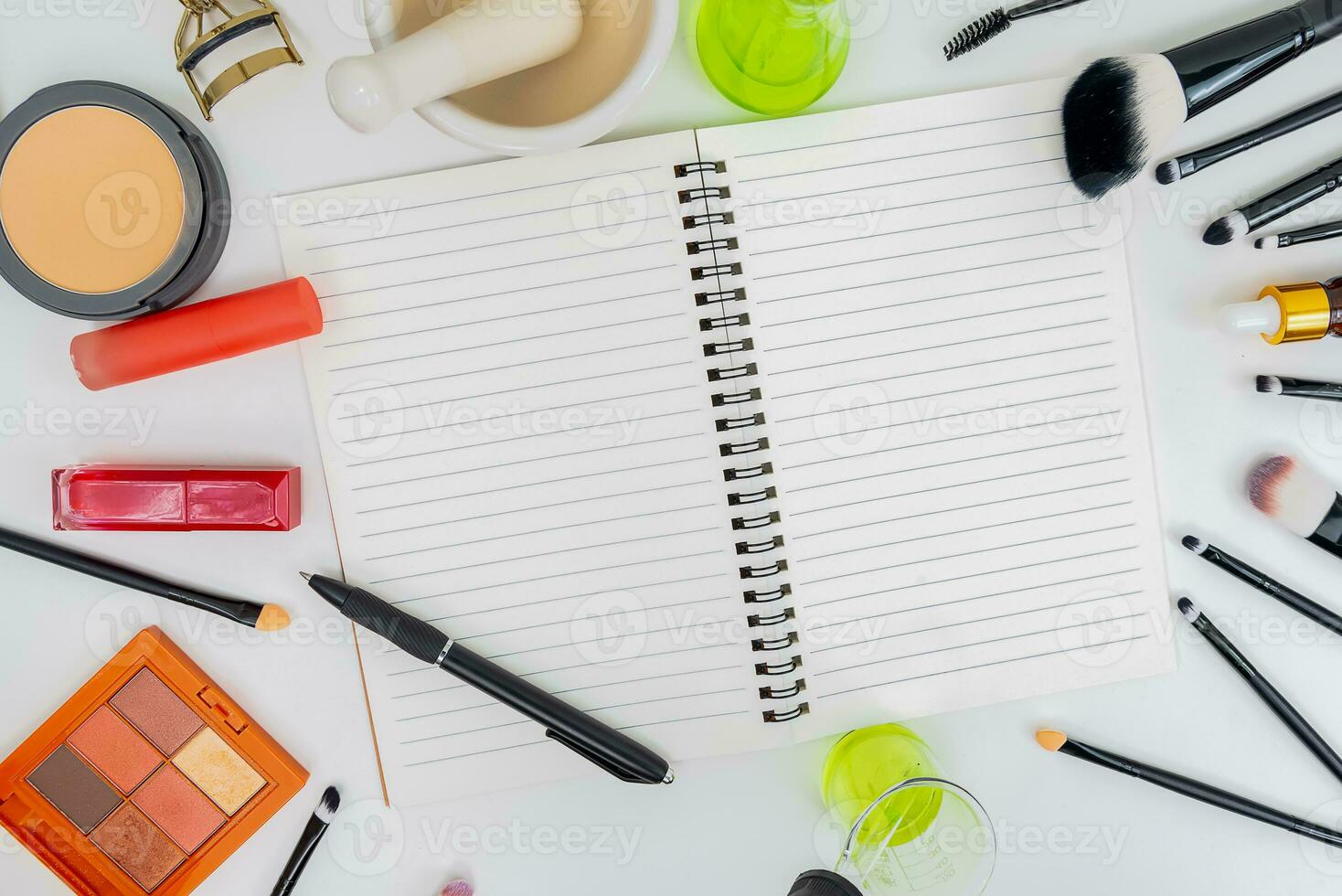 top view of makeup cosmetics set professional makeup tools. on a White background photo