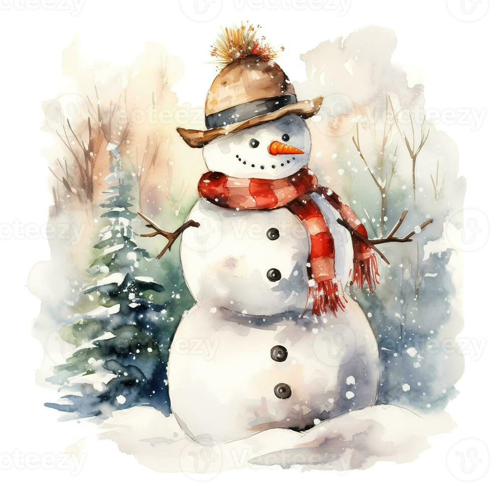 Snowman next to the Christmas tree, watercolor style. Generative AI photo