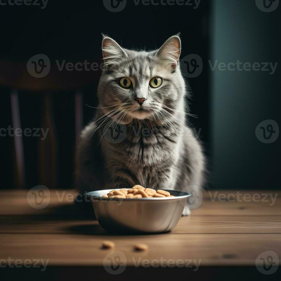 un gris de pelo largo gato es sesión, allí es un cuenco de comida en frente de a él. generativo ai foto