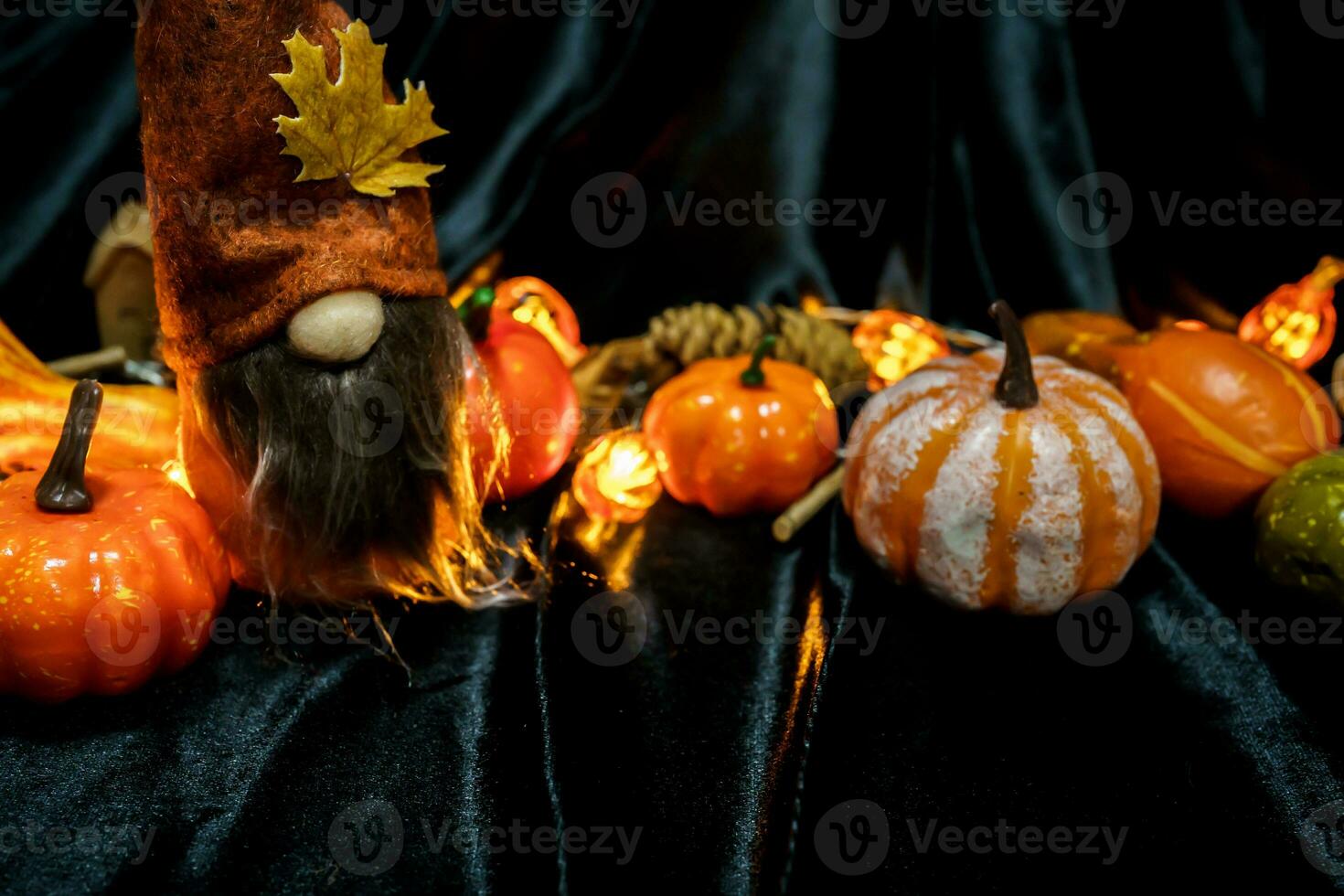 Halloween decorations background. Halloween Scary pumpkin head on wooden table Halloween holiday concept photo