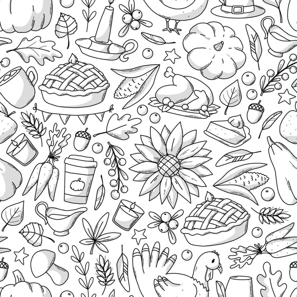 Thanksgiving monochrome seamless pattern with doodles for coloring pages, packaging, wallpaper, wrapping paper, textile prints, backgrounds, etc. EPS 10 vector