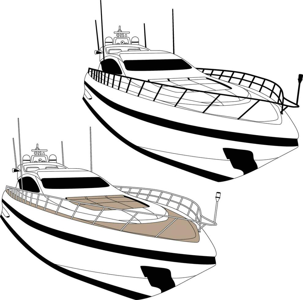 Yacht vector, Boat vector, Fishing boat vector line art illustration and one color.