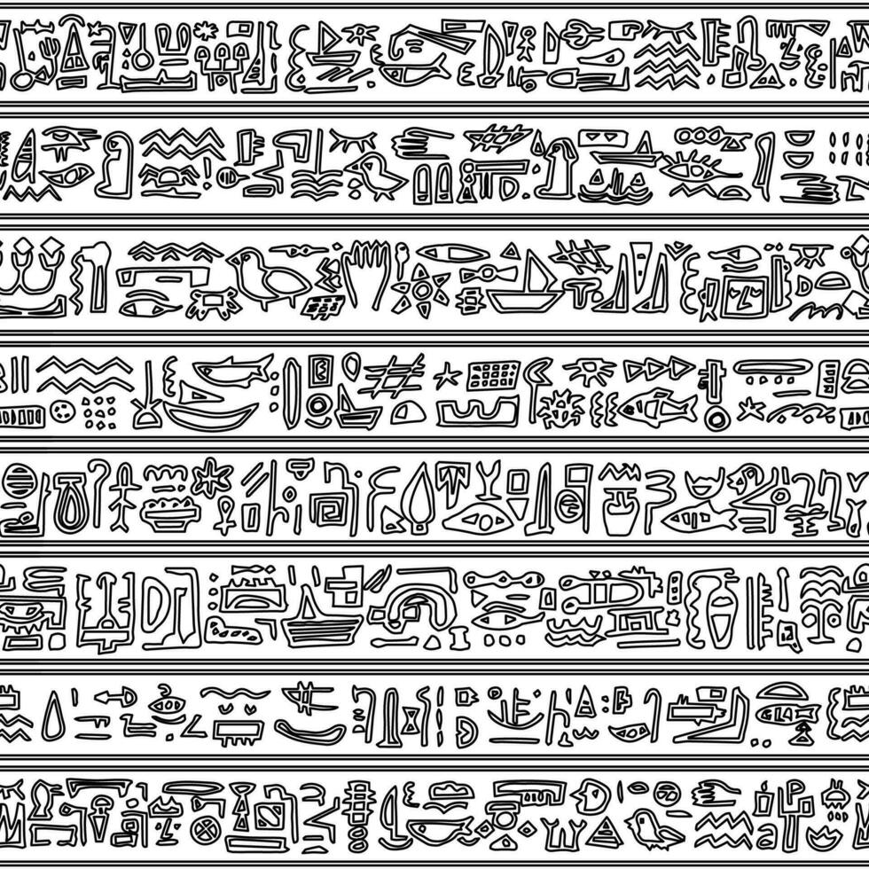 Vector trendy simple hand-drawn illustration of a seamless pattern border with symbols resembling Egyptian hieroglyphs on a white background